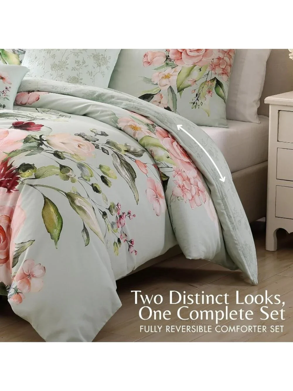 Bebejan Rose on Misty Green Queen 5-Piece Reversible Comforter Set NEW